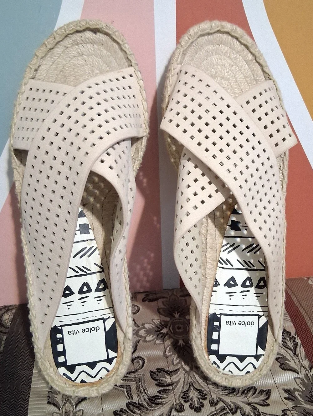 Dolce‎ Vita Cream Perforated Crossband Espadrille Sandals Leather 8.5 Platform